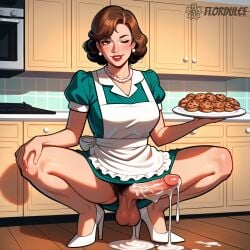 1futa ai_generated apron ball_hair balls big_penis brown_eyes brown_hair clothed clothing cookies cum cum_drip cum_dripping_from_penis cum_on_penis dress erect_penis erection flordulce futa_only futanari hairy_balls hairy_testicles heels high_heels housewife indoors kitchen lipstick one_eye_closed pearl_necklace penis pubic_hair seductive seductive_look seductive_smile short_hair solo_futa squatting testicles wife wink