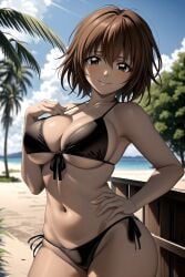 ai_generated bare_arms bare_shoulders beach bikini black_bikini blue_sky blurry blurry_background blush breasts brown_eyes brown_hair cleavage closed_mouth cloud collarbone cowboy_shot day female front-tie_bikini_top front-tie_top hair_between_eyes halterneck hand_on_own_chest hand_on_own_hip large_breasts looking_at_viewer mao_(reinou_tantei_miko) navel ocean outdoors palm_tree pixiv reinou_tantei_miko rena_aikawa_(pixiv_user) short_hair side-tie_bikini_bottom skindentation sky smile solo stable_diffusion standing stomach string_bikini swimsuit tagme thighs tree underboob