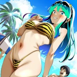 1girls ai_generated big_breasts bikini breasts female female_focus green_hair long_hair lum navel smile smiling thighs tiger_print urusei_yatsura