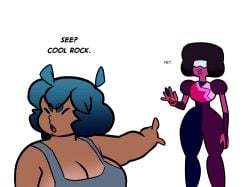 ahoge bangs bbw big_breasts blank_background blue_hair cameo chubby chubby_female closed_eyes cool_rock crossover crystal_gem dark-skinned_female dark_skin dialogue funny garnet_(steven_universe) gem kiqki_(dckiq) large_breasts meme plump pointing pointing_at_another short_hair silly squinted_eyes squinting steven_universe tan_lines tan_skin tan_skinned_female tanlines text thicc thick_thighs white_background