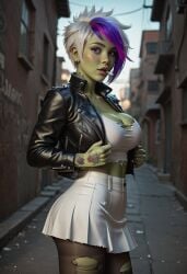 ai_generated female green_skin jokerofhearts leather leather_clothing leather_jacket multicolored_hair orc orc_female pantyhose solo torn_clothes torn_pantyhose vem white_hair