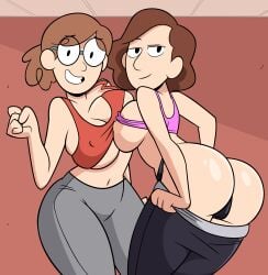 2girls breast_docking david's_mom_(hilda) grimphantom hilda_(series) johanna_(hilda) nipple_bulge pants_pulled_down sideboob thong underboob yoga_pants yuri