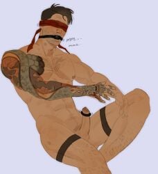 1boy arm_tattoo ball ball_gag bara bite_mark bite_mark_on_leg bite_mark_on_neck blush bridal_garter brown_hair chest_hair cock_ring completely_nude covered_eyes cowboy_shot drooling facial_hair gag highres kenshi_(mortal_kombat) lbgod2d leg_hair male_focus mature_male mortal_kombat_(series) mortal_kombat_1_(2023) mouth_drool muscular muscular_male mustache_stubble navel_hair nude penis precum red_blindfold saliva sex_toy short_hair simple_background solo stubble tattoo trembling twitching_penis uncensored