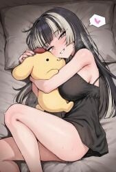 1girls black_dress black_hair blush breasts dress female female_only goth goth_girl heart hug hugging large_breasts looking_at_viewer lying original original_character pillow plushie pompompurin pompompurin_(series) sanrio sideboob smile solo spoken_heart sweat two_tone_hair white_hair