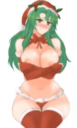 1girls areolae blush breasts cecilia_(fire_emblem) christmas_costume christmas_hat female female_only fire_emblem fire_emblem:_the_binding_blade green_hair large_breasts long_hair nipple_slip nipples panties smile solo solo_focus thighhighs tridisart