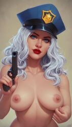 1girls ai ai_generated blue_eyes breasts female gun long_hair naked naked_female nipples nude nude_female officer_kelly one_color_background original original_character police police_hat police_officer policewoman quinzo11 red_lips red_lipstick self_upload silver_hair wavy_hair