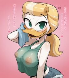 ai_generated anthro bedroom_eyes blonde_hair blush disney duck ducktales ducktales_(2017) furry goldie_o'gilt green_eyes nipples nipples_visible_through_clothing ponytail solo wet_clothes wet_shirt