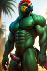 ai_generated balls ballsack beak erect_penis feathers multicolored_body muscles muscular muscular_male naked naked_male nude nude_male solo solo_male tail