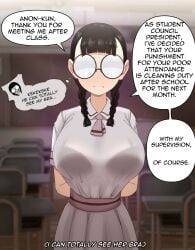 1girls absurd_res anon aura bangs big_breasts black_bra black_hair bra bra_visible_through_clothes braided_pigtails classroom dialogue female female_focus female_only female_pervert glasses hi_res highres large_breasts looking_at_viewer male_pov nerd nerdy nerdy_female opaque_glasses pov reiko_mizushima round_glasses school school_uniform schoolgirl softshikioni solo solo_female speech_bubble student student_council_president talking_to_viewer threatening_aura twintails