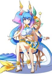 antennae blonde_hair blue_hair breast_grab breasts chair clucking dragalia_lost dragon_girl elisanne etlabsotwe groping horns mind_control multicolored_eyes pink_hair siren_(dragalia_lost) sitting sitting_on_lap tail yuri