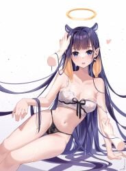 blue_eyes earrings embarrassed headpat heart hololive hololive_english kuri_nyann long_hair ninomae_ina'nis octopus_girl petting petting_head purple_hair shy skin_fang small_breasts tentacle_hair underwear_only undressing very_long_hair wholesome