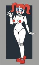 1girl 5_fingers ai_generated animatronic animatronic_female black_lipstick blue_eyes blue_eyeshadow blush circus_baby circus_baby_(fnaf) clown clown_girl clown_nose eyeshadow female five_nights_at_freddy's five_nights_at_freddy's:_sister_location naked nude pixai red_cheeks red_hair red_nipples red_nose red_shoes robot_girl shoes simple_background skinny slim_waist smile solo twintails waving_at_viewer