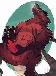 1boy animal_genitalia anthro breath crocodile crocodilian demon erection furrypuddingthegreat genital_slit horn male male_only masturbation muscular muscular_male nude open_mouth penis precum reptile scalie slit solo solo_focus tapering_penis thick_thighs vein