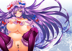 breasts censored crescent_moon curvy fat female goriyaku hat huge_breasts long_hair moon nipples patchouli_knowledge plump purple_eyes purple_hair pussy solo thighhighs touhou very_long_hair