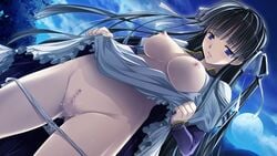 areolae black_hair blue_eyes breasts censored clouds female game_cg highres large_breasts legs long_hair luka_trois moon night nipples no_bra panties panty_pull pussy senjou_no_folklore:_boukoku_no_kishi_dan skirt skirt_lift sky standing thighs underwear yamamoto_kazue