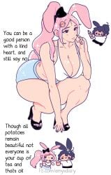 1girls advice artist_name big_breasts bowtie breasts cleavage clothed clothing crouching cute english_text female female_focus female_only hi_res high_heels human light-skinned_female long_hair original original_character pink_hair rabbit rabbit_tail shorts shun_bun skindentation squatting talking_to_viewer text white_background wholesome