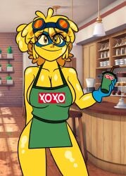 blue_glasses cafe cartoon_network coffee g-lo_(villainous) happy philelmago semi_naked semi_nude smile smiling villainous xoxo_(store) yellow_body