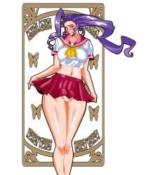 2d artist_request busty capcom embarrassed female female_focus female_only going_commando hourglass_figure italian italian_female long_hair no_panties purple_eyes rose_(street_fighter) school_uniform schoolgirl street_fighter street_fighter_alpha sweat tagme wide_hips