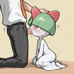 ai_generated blowjob clothed cub dick furry green_hair head_grab pokemon pokemon_(species) ralts red_eyes white_skin