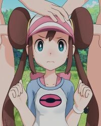 1girls 2boys 3d 3d_(artwork) blender blender_(software) blue_eyes blush brown_hair double_bun female grass grass_field hair hair_bun hairjob hairsex hand_on_head hat long male nintendo nude nude_male penis pink_bow pokemon pokemon_bw pokemon_bw2 rosa_(pokemon) s.k.d shy twintails xnalara