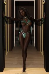 1girls 3d 3d_model 3d_render ainette_(oh3d) big_breasts blue_bra blue_eyes blue_lingerie blue_panties brown_hair character_name cupless_bra curly_hair dark-skinned_female dark_skin doorway fit_female hallway highres hourglass_figure inviting lingerie long_hair looking_at_viewer oh3d open_cup_bra seductive see-through see-through_clothing see-through_robe slushe_(website) standing_in_doorway waiting