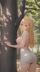 1girls ai_generated blonde_hair breasts breasts breasts female green_eyes hi_res highres large_breasts long_hair looking_back naked nature nipples nude original_character pixai skirt smile solo tree