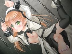 blonde_hair blush bondage breasts breasts_out chains cuffs dutch_angle female game_cg green_eyes long_hair looking_at_viewer mekakushi_(artist) nipples original pussy solo sweat tied_hair tokachi_genjuurou twintails uncensored