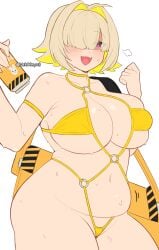 artist_name big_belly bikini blush breath chubby curvy elegg_(nikke) goddess_of_victory:_nikke hair_over_one_eye holding_drink huge_breasts nek00nyx8 plump skin_fang soda_can sweaty thick voluptuous