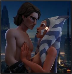 1boy 1girls 3d ahsoka_tano alien anakin_skywalker blue_eyes breasts clone_wars eye_contact hand_on_chest human interspecies looking_at_each_other nude orange_skin scar snafusevsix star_wars teacher_and_student togruta