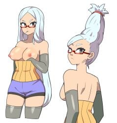 1girls ayase_seiko bbycheese cigarette dandadan dolphin_shorts elbow_gloves female gilf glasses gloves grey_legwear legwear long_hair looking_back orange_eyes partially_clothed rear_view shorts smoking stockings thighhighs white_hair