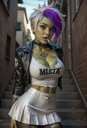 1girls ai_generated cigarette green_skin jokerofhearts leather leather_clothing leather_jacket multicolored_hair orc orc_female skirt solo sparrow_(artist) vem white_hair