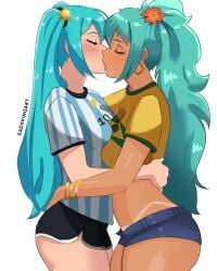 argentina argentinian_miku ass blue_hair brazilian brazilian_miku breast_press breasts dark-skinned_female dark_skin hatsune_miku jean_shorts kissing long_hair sadxkingart shorts straight_hair tan_body tanlines twintails vocaloid wavy_hair yuri