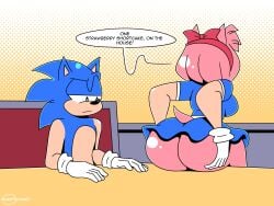 1boy 1girls amy_rose ass ass_focus big_ass big_butt blue_hair bubble_ass english_text furry furry_only grabbing_own_ass ineptoutcast pink_body pink_hair short_dress sonic_(series) sonic_the_hedgehog sonic_the_hedgehog_(series) tagme text text_bubble