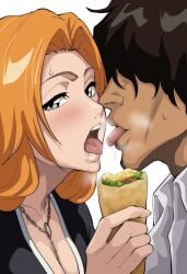 1boy 1girls ai_generated bleach bleach:_the_thousand-year_blood_war breasts brown_hair cleavage dark-skinned_male dark_skin female food_play interracial kissing male matsumoto_rangiku orange_hair straight yasutora_sado