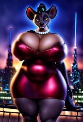 3d anthro anthro_only breasts_bigger_than_head chubby cleavage cleavage_overflow eyeshadow female_only furry furry_female furry_focus furry_only giant_breasts large_breasts looking_at_viewer mature_female niplsip nipple_bulge nipple_outline pearl_necklace red_dress shenzi_(the_long_king) short_dress smile thick_thighs tight_clothing