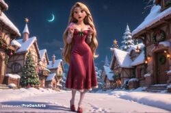 1girls ai_generated artist_name blonde_hair breasts building christmas christmas_lights christmas_ornaments christmas_tree cleavage crescent_moon disney disney_princess dress full_body gift green_eyes hi_res house long_hair medium_breasts moon night night_sky open_mouth outdoors progenarts rapunzel rapunzel_(tangled) red_dress red_footwear sky snow snowing solo standing star_\(sky\) star_\(symbol\) tangled very_long_hair watermark web_address winter