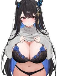 blush clothes_lift flashing_breasts hololive huge_breasts lace-trimmed_lingerie lace_trim lingerie miyuchiq naughty_face nerissa_ravencroft presenting_breasts sweater sweater_lift virtual_youtuber