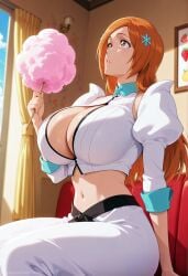 1girls ai_generated big_breasts bleach boob_window breasts cleavage clothed_female cotton_candy navel orange_hair