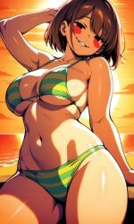 ai_generated beach big_breasts bikini black_eyes blush_stickers bob_cut brown_hair busty chara chara_(undertale) clouds curvy female female hand_behind_head lighting lowered_eyelids ocean pixai railing red_blush shoulder_length_hair slim_waist smile smug solo striped_bikini thick_thighs undertale undertale_(series) up_close