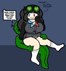 /ctt/ 1boy1girl :3 anon anonymous_male black_hair chubby chubby_female console-tan dialogue digital_eyes gijinka glasses glasses_on_head hand_on_face heterochromia hime_cut humanization humanized long_hair nintendo nintendo_switch_2 sitting_on_person switch_2-tan thick thick_thighs