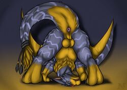 all_fours anthro anus ass balls barefoot claws digimon dorugamon dragon feral fur furry grey_background grey_fur hi_res horn looking_at_viewer male male_only namarx7 nude open_mouth plain_background presenting presenting_hindquarters shadow sharp_claws sharp_teeth shiny solo teeth toe_claws tongue upside-down yellow_background yellow_eyes yellow_fur