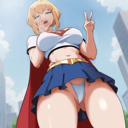 ass_visible_through_thighs blonde_hair blue_eyes cape city city_background crop_top dc dc_comics fellatio_gesture female from_below kara_zor-el large_breasts peace_sign short_hair skirt supergirl supergirl_(my_adventures_with_superman) superhero thong tongue_out