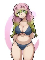 2024 bikini bikini_bottom bikini_top blue_bikini breasts cleavage demon_slayer female female_only green_eyes green_hair kanroji_mitsuri pink_hair thighs triplestabber white_background