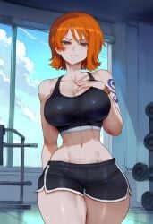 abs ai_generated aksn big_breasts fit_female large_breasts muscles muscular muscular_female nami nami_(one_piece) one_piece orange_hair shounen_jump