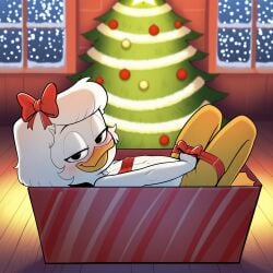 ai_generated anthro bedroom_eyes blush christmas disney duck ducktales ducktales_(2017) furry ribbon short_hair webby_vanderquack wrapped