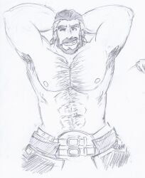 armpit armpit_hair armpits bara beard body_hair duessel_(fire_emblem) facial_hair fire_emblem hands_behind_head male male_only monochrome muscles muscular nintendo shirtless solo solo_male tugfx8