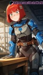 1girls 2025 ai ai_assisted ai_generated anime anime_girl anime_style armor artist_name belt belt_pouch blurry blush bo-katan_kryze bob_cut clone_wars electroworld female green_eyes hi_res high_quality high_resolution highres mandalorian patreon patreon_username peeing peeing_self pouch pussy_juice red_hair short_hair solo sparkle stable_diffusion star_wars star_wars:_the_clone_wars urine watermark