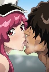 1boy 1girls ai_generated bleach bleach:_the_thousand-year_blood_war brown_hair dark-skinned_male dark_skin female french_kiss hat interracial kissing light-skinned_female light_skin looking_at_viewer male meninas_mcallon pink_eyes pink_hair straight yasutora_sado