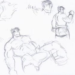 balls bara beowulf_(skullgirls) big_penis body_hair boner bulge erection erection_under_clothes facial_hair male male_only monochrome muscles muscular penis shirtless skullgirls solo solo_male tugfx8