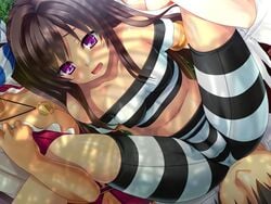 3girls akagi_rio bare_shoulders black_hair blush bracelet breasts cameltoe cleavage collar game_cg hair_ribbon highres large_breasts legs legs_up long_hair mbs_truth multiple_girls nangoku_sakunyuu:_milk_island_musume open_mouth purple_eyes small_breasts striped swimsuit thighs